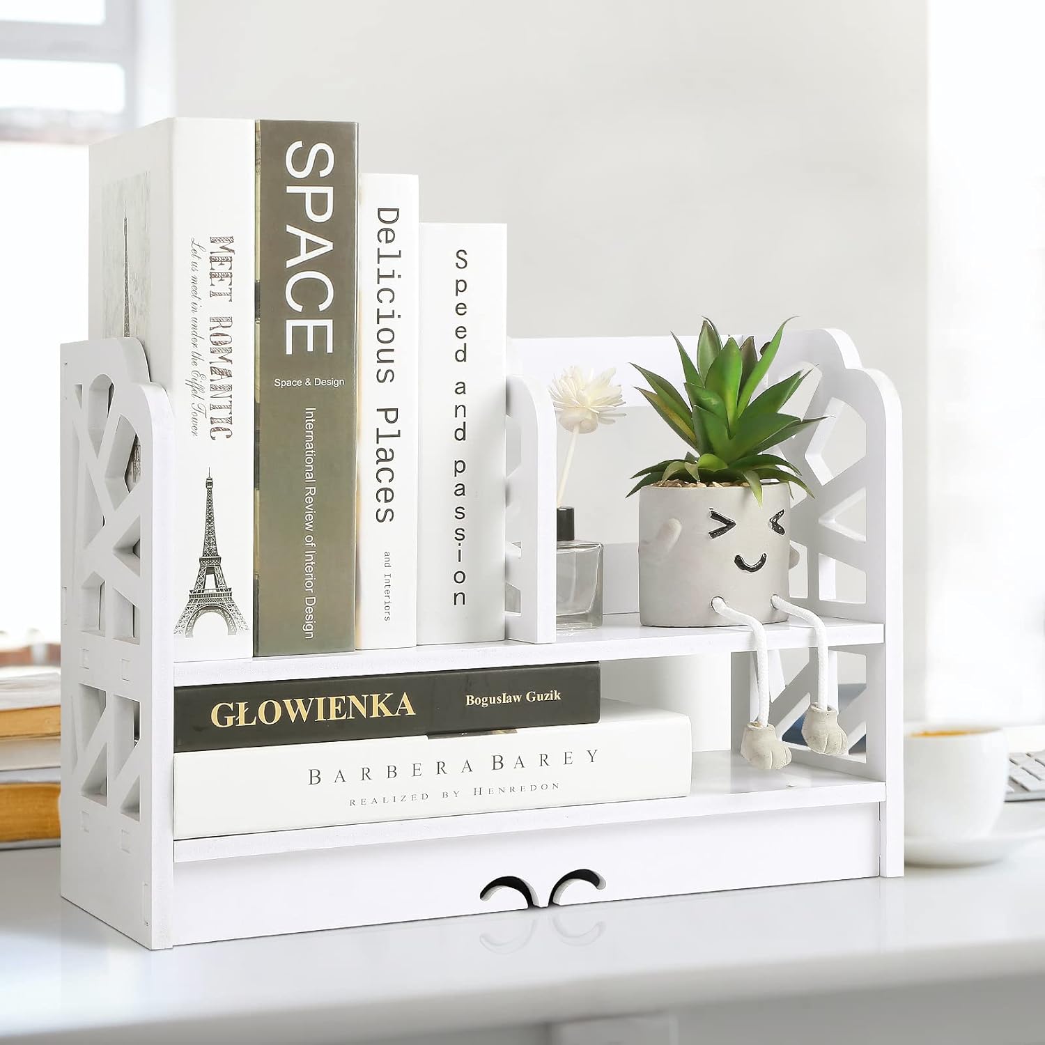 YGYQZ Small Bookshelf for Desktop Storage, Mini Cute Office Desk Shelves White Versatility Organizers for Women, Kids - Image 2